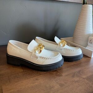 Elegant White FOREVER Loafers with Gold Chain Detail